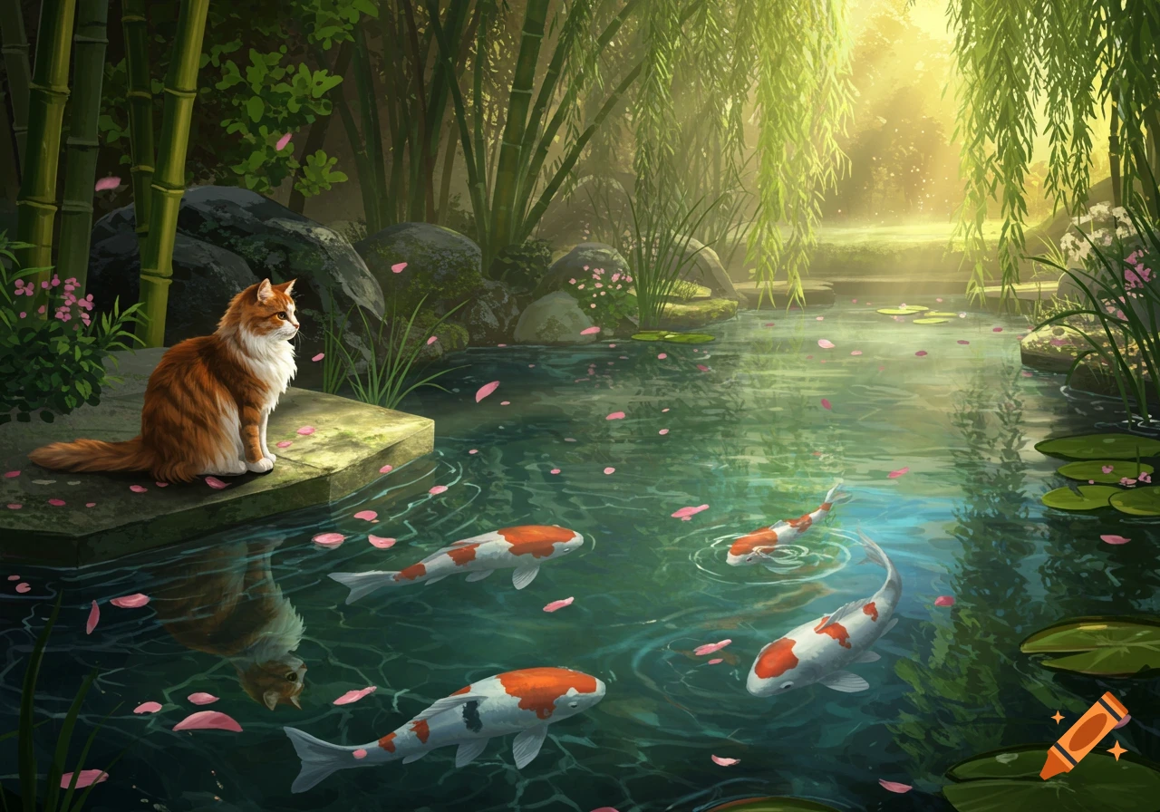 An orange and white cat sits by a tranquil pond with koi fish, surrounded by bamboo and weeping willows in a painterly style.