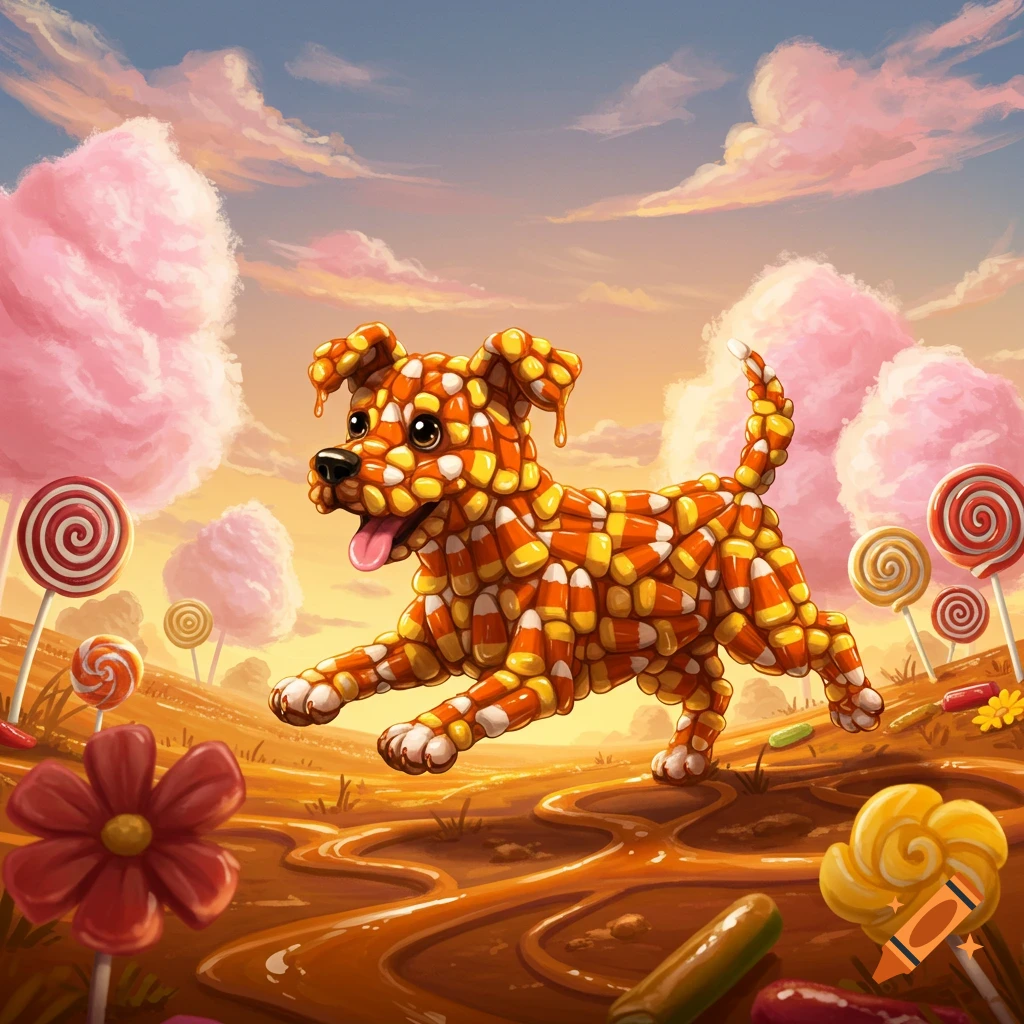 A cheerful candy corn dog runs through a whimsical candy land with cotton candy trees and lollipops.