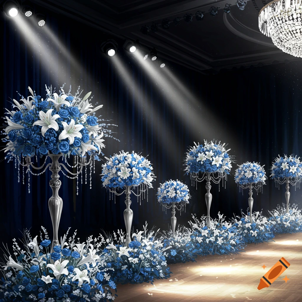 Photorealistic royal blue and white floral arrangements on silver stands illuminate a gala stage with spotlights and a black backdrop.