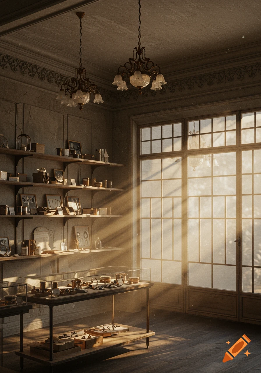 A sunlit vintage boutique with shelves displaying items, glass cases, large multi-paned windows, and chandeliers.