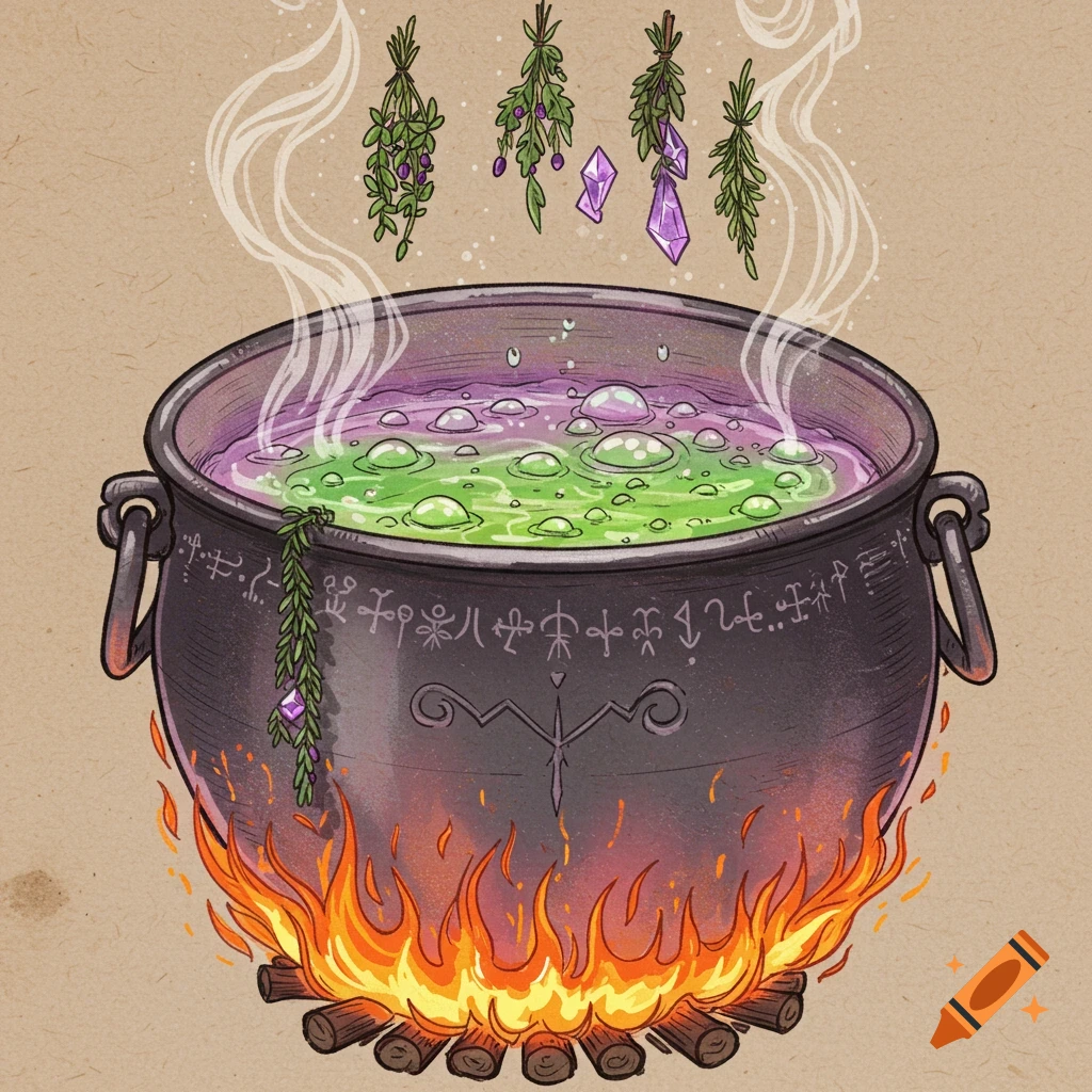 A bubbling green and purple potion in a black cauldron over a fire, with hanging herbs and crystals, in an illustration style.
