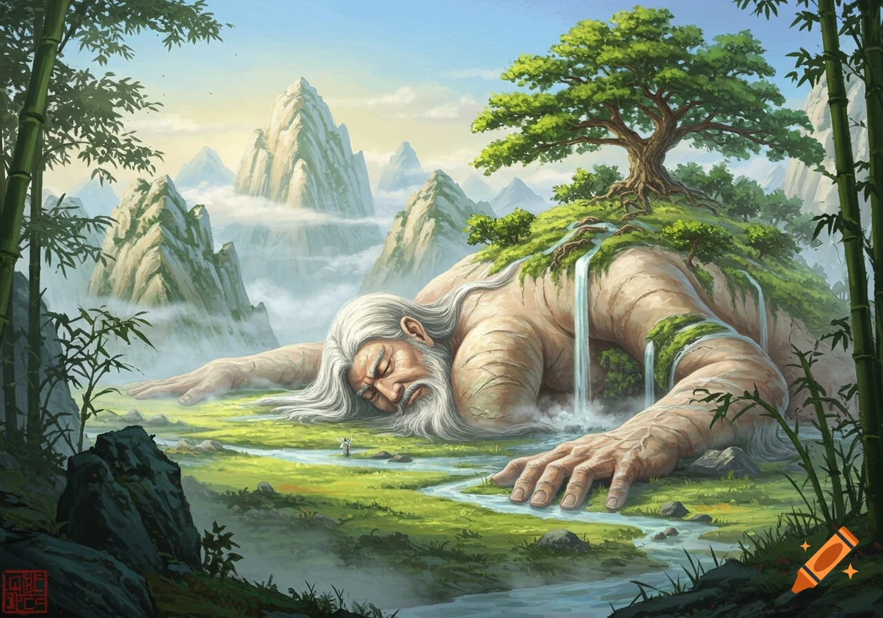 A colossal old man lies on a green landscape, his body transforming into mountains, waterfalls, and a giant tree, in a mythical Chinese art style.