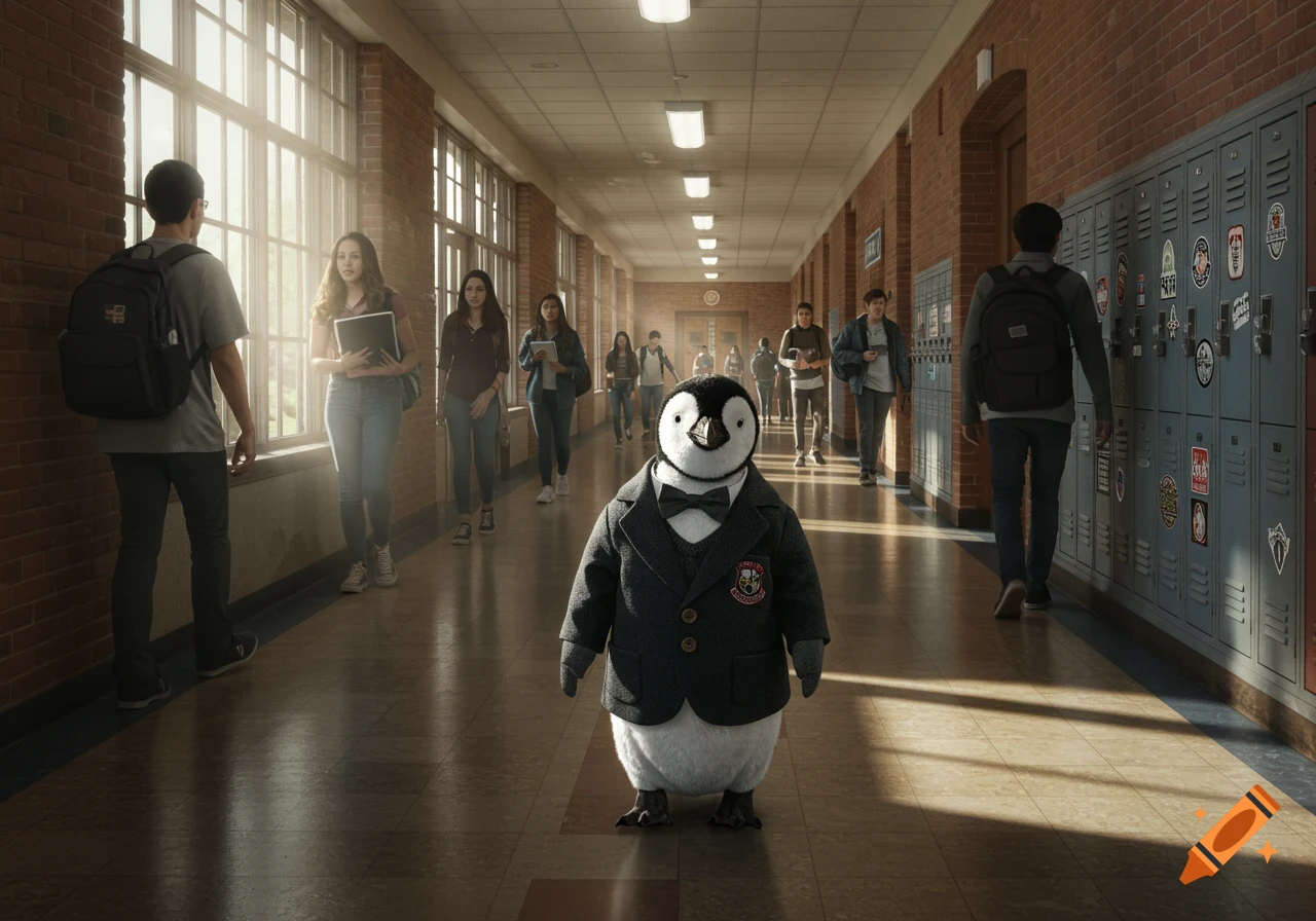 A photorealistic penguin wearing a blazer and bow tie stands in the middle of a bustling high school hallway filled with students.