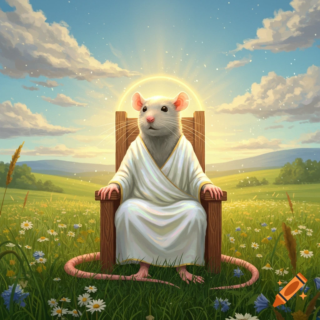 A rat in a white robe with a halo sits on a wooden chair in a sunlit field of wildflowers under a blue sky.