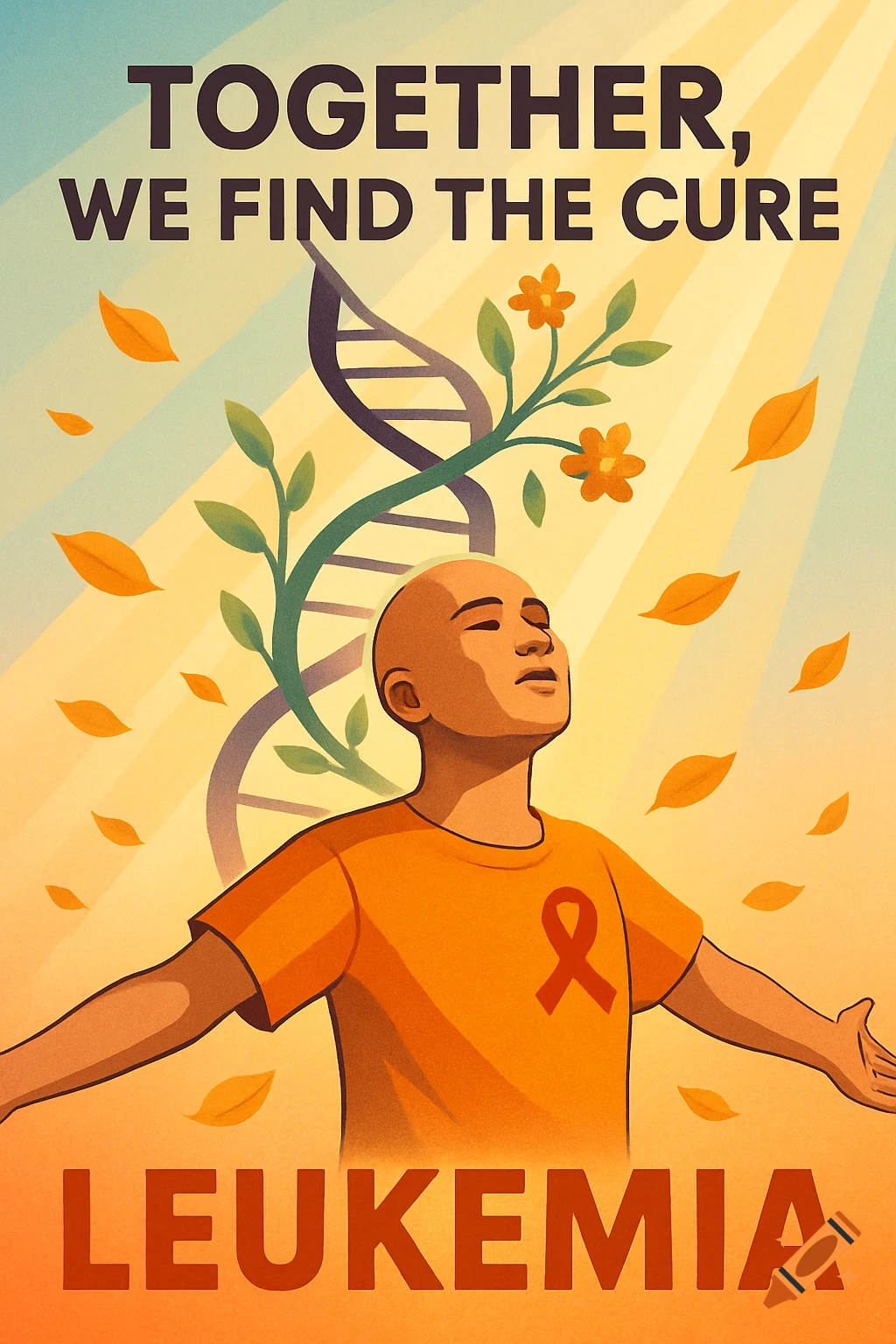 Leukemia awareness poster with a bald person, red ribbon, DNA strand, and text 'TOGETHER, WE FIND THE CURE LEUKEMIA'.