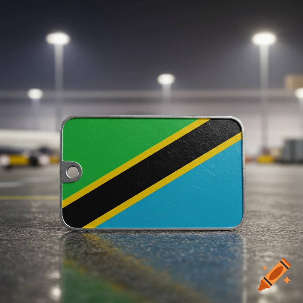 A metallic jet tag with the Tanzanian flag sits on a reflective surface at night.