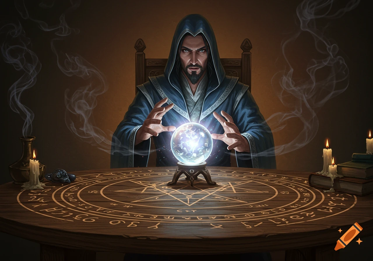 A bearded sorcerer in a blue robe sits at a carved wooden table, hands over a glowing crystal ball, with candles and smoke.