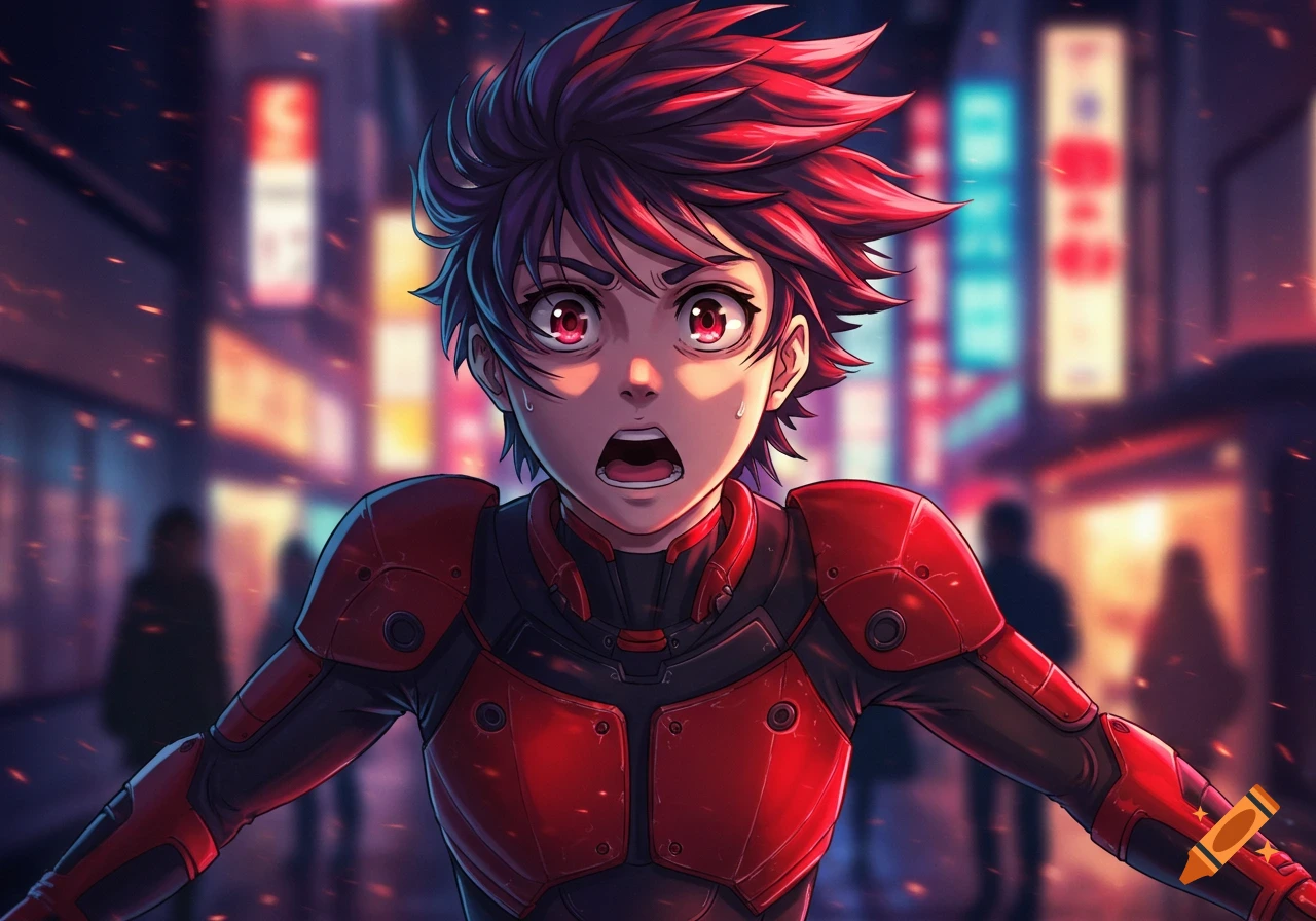 An anime character with red spiky hair and red armored suit looks shocked amidst a blurred neon city street at night.