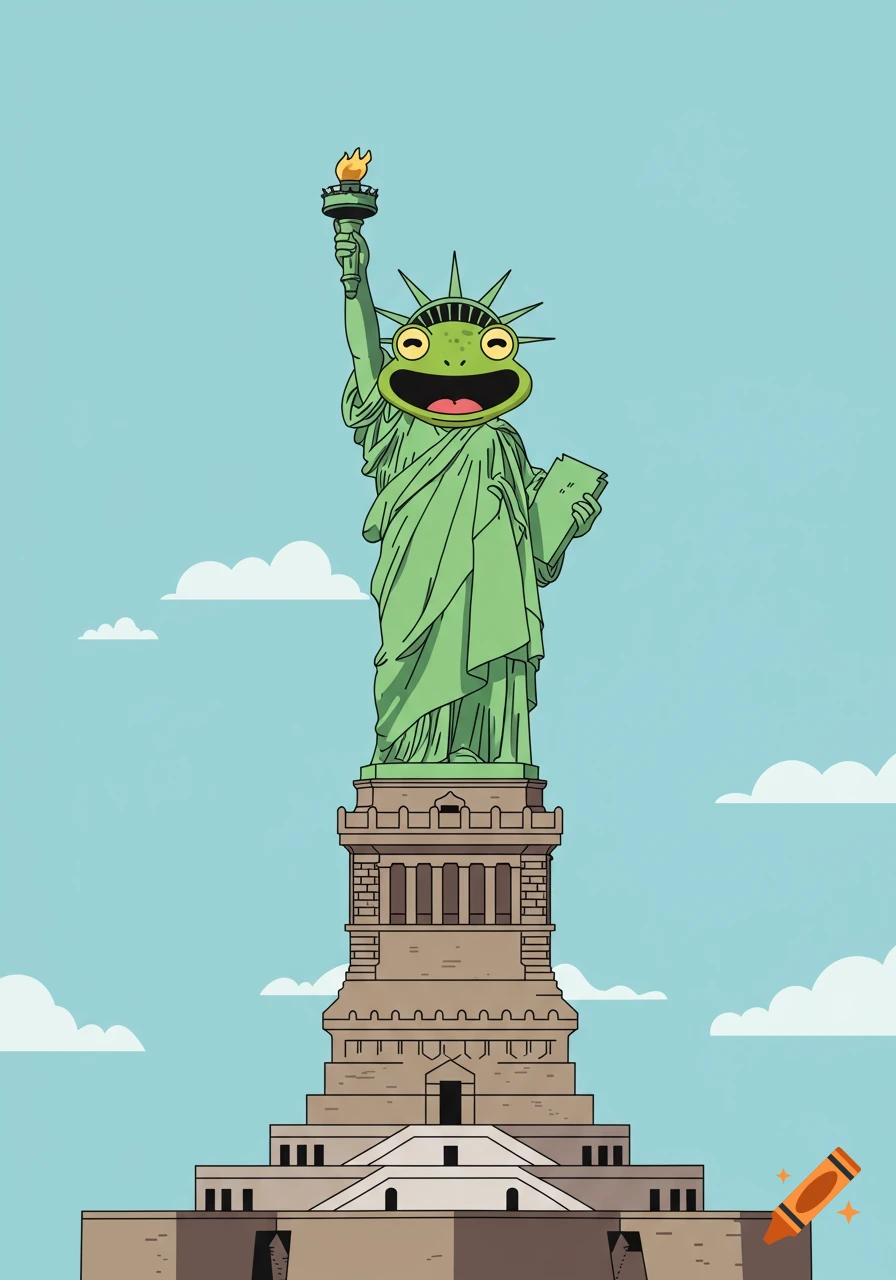 A cartoon depiction of the Statue of Liberty with a happy green frog's head and crown, holding a torch and a tablet, set against a light blue sky with white clouds.