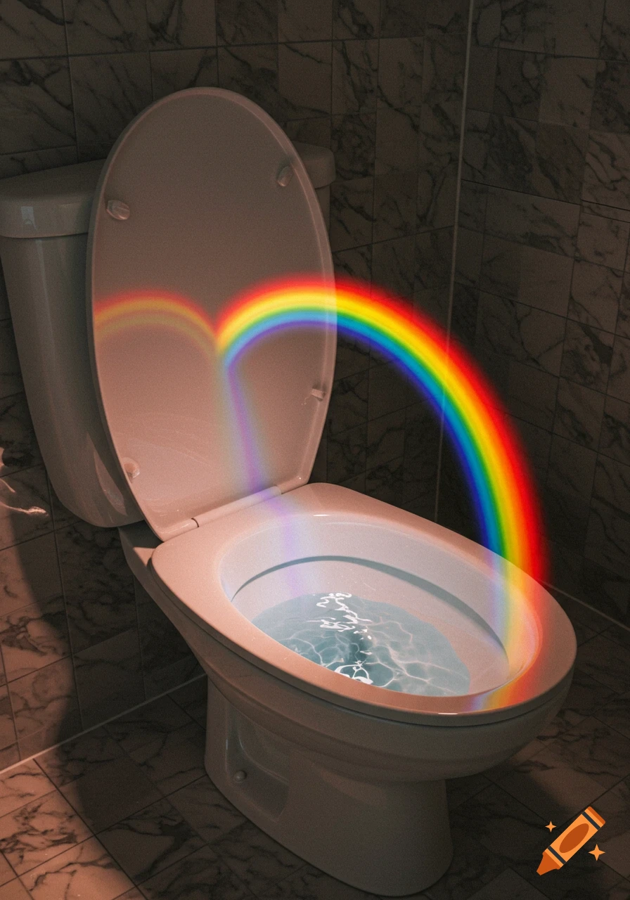 Photorealistic image of a rainbow arching from the back of an open toilet into the water in a tiled bathroom.