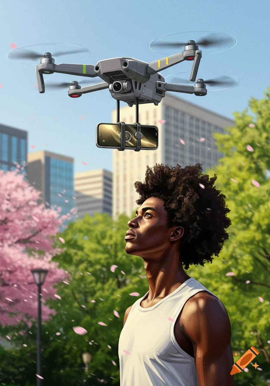 A man with afro hair looks up at a drone with a phone attached, flying in a city park with pink petals falling.