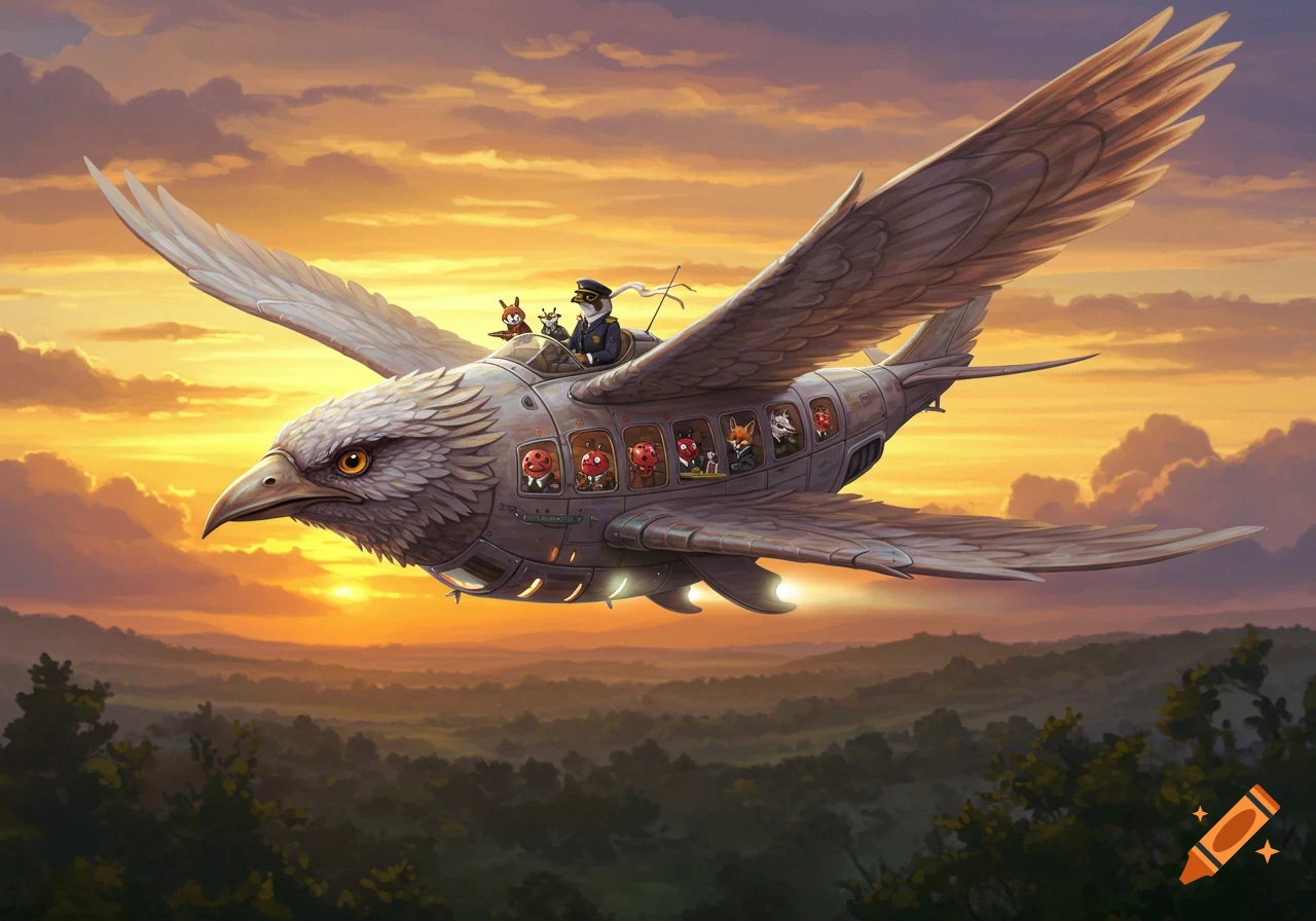 A detailed illustration of an eagle-shaped plane with a falcon pilot and various animal passengers, flying above a forest at a vibrant sunset.