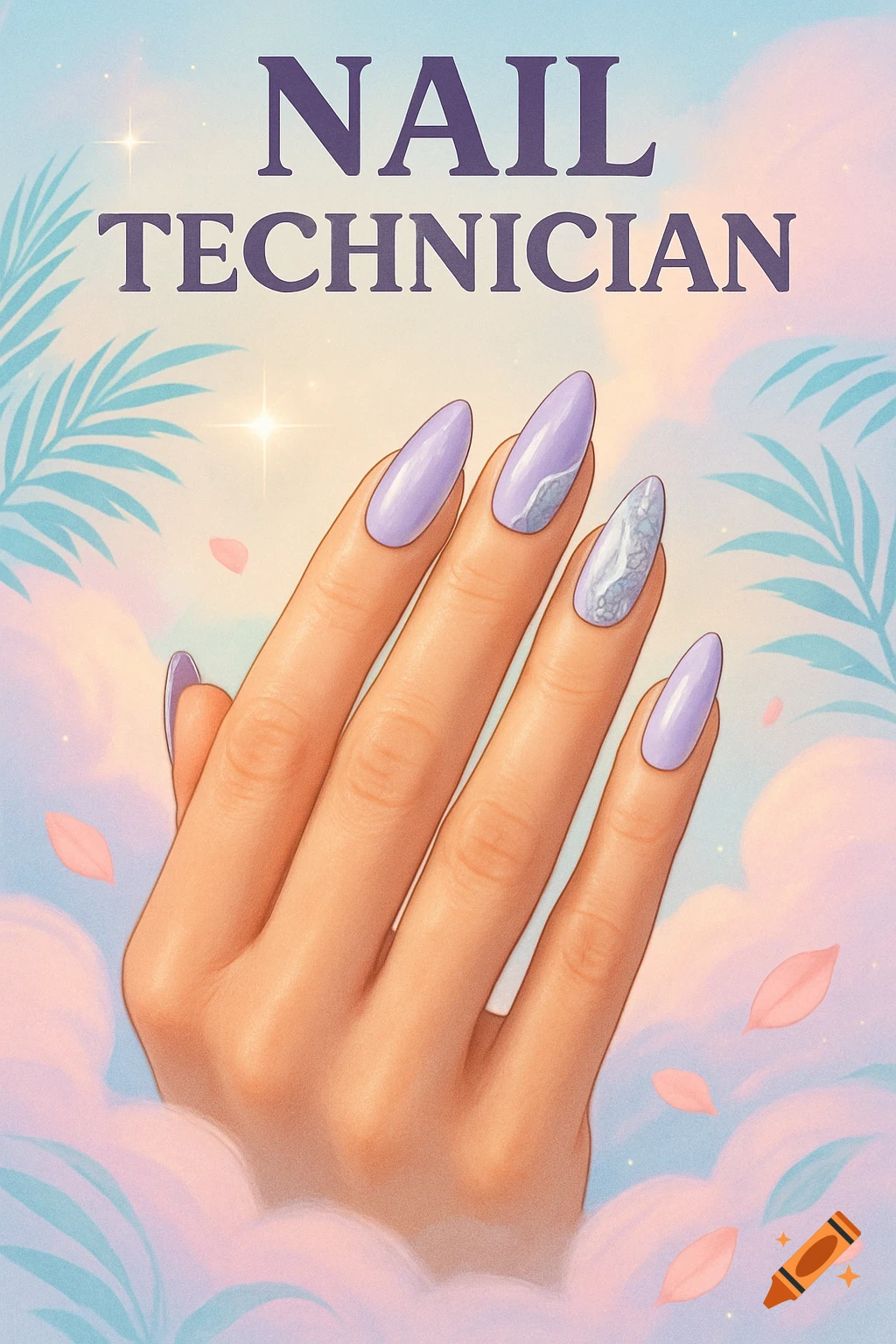 Illustration of a hand with long, lavender stiletto nails, some with marble accents, against a pastel sky with clouds and leaves, text 'NAIL TECHNICIAN'.
