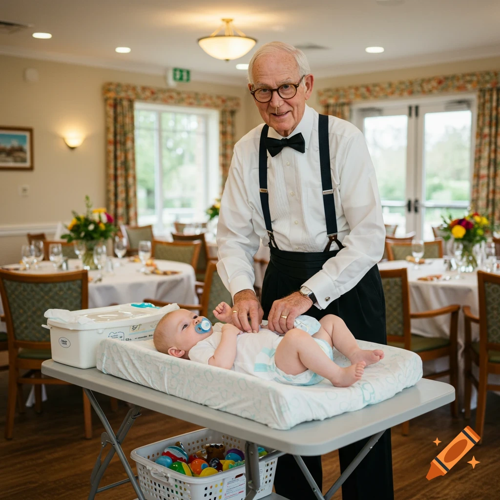 An elderly man in a tuxedo shirt and suspenders changes a baby's diaper on a changing table in a banquet hall.