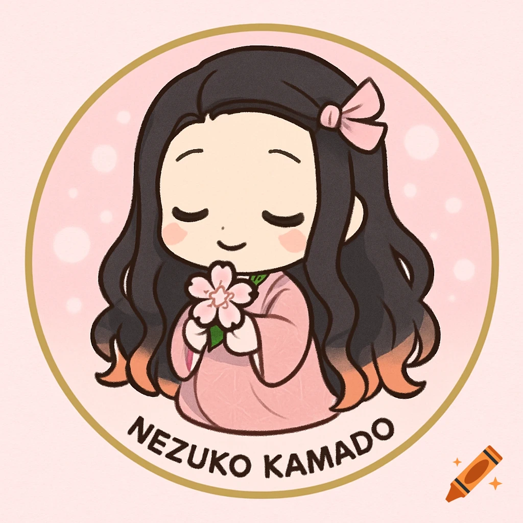 Chibi Nezuko Kamado in a pink kimono holding a cherry blossom, set in a pink circle with a golden border. Text 'Nezuko Kamado' below.