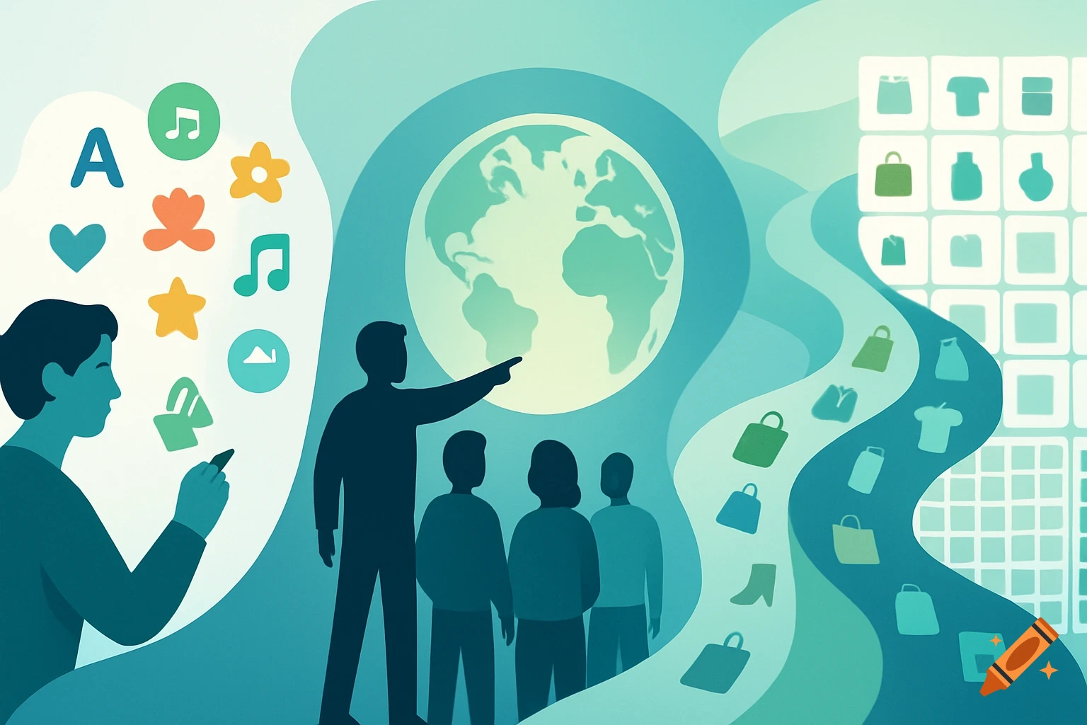 Flat graphic illustration of global communication and commerce with people, a globe, and icons like letters, music, shopping bags, and clothes in blues and greens.