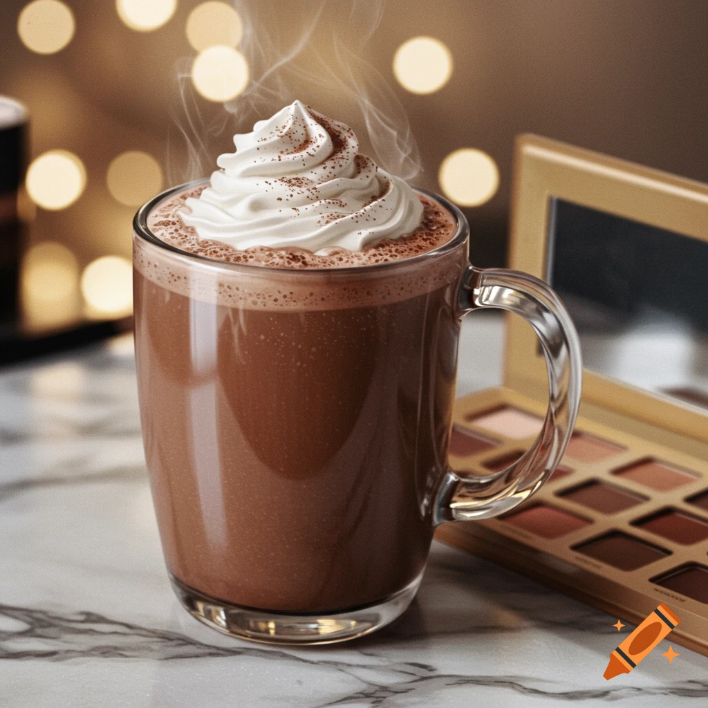 Steaming hot cocoa with whipped cream and sprinkles, beside a gold eyeshadow palette on a marble counter, with bokeh lights, photorealistic.
