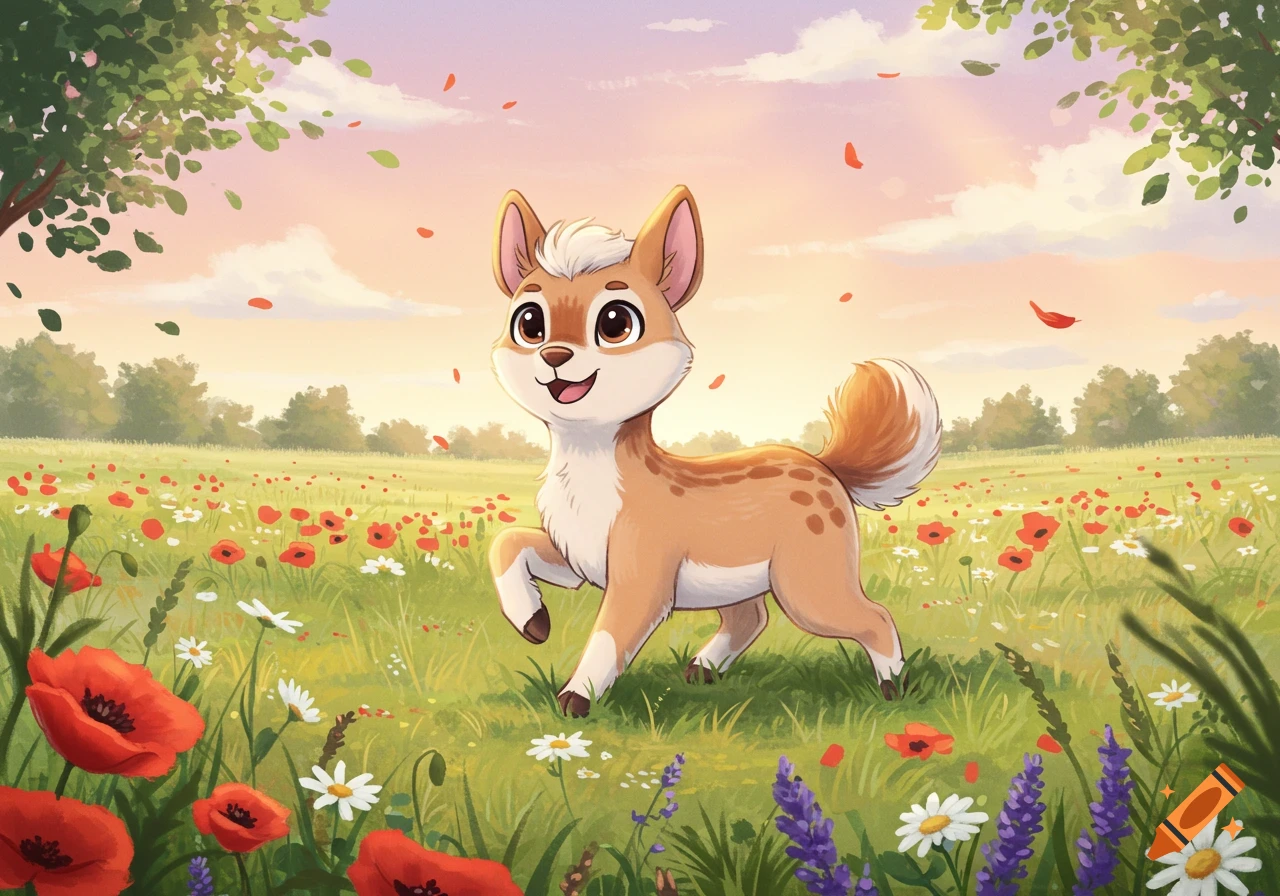 A cute, cartoon-style fawn-like creature with large eyes and a fluffy tail skips happily through a field of red poppies and white daisies under a pastel sky.