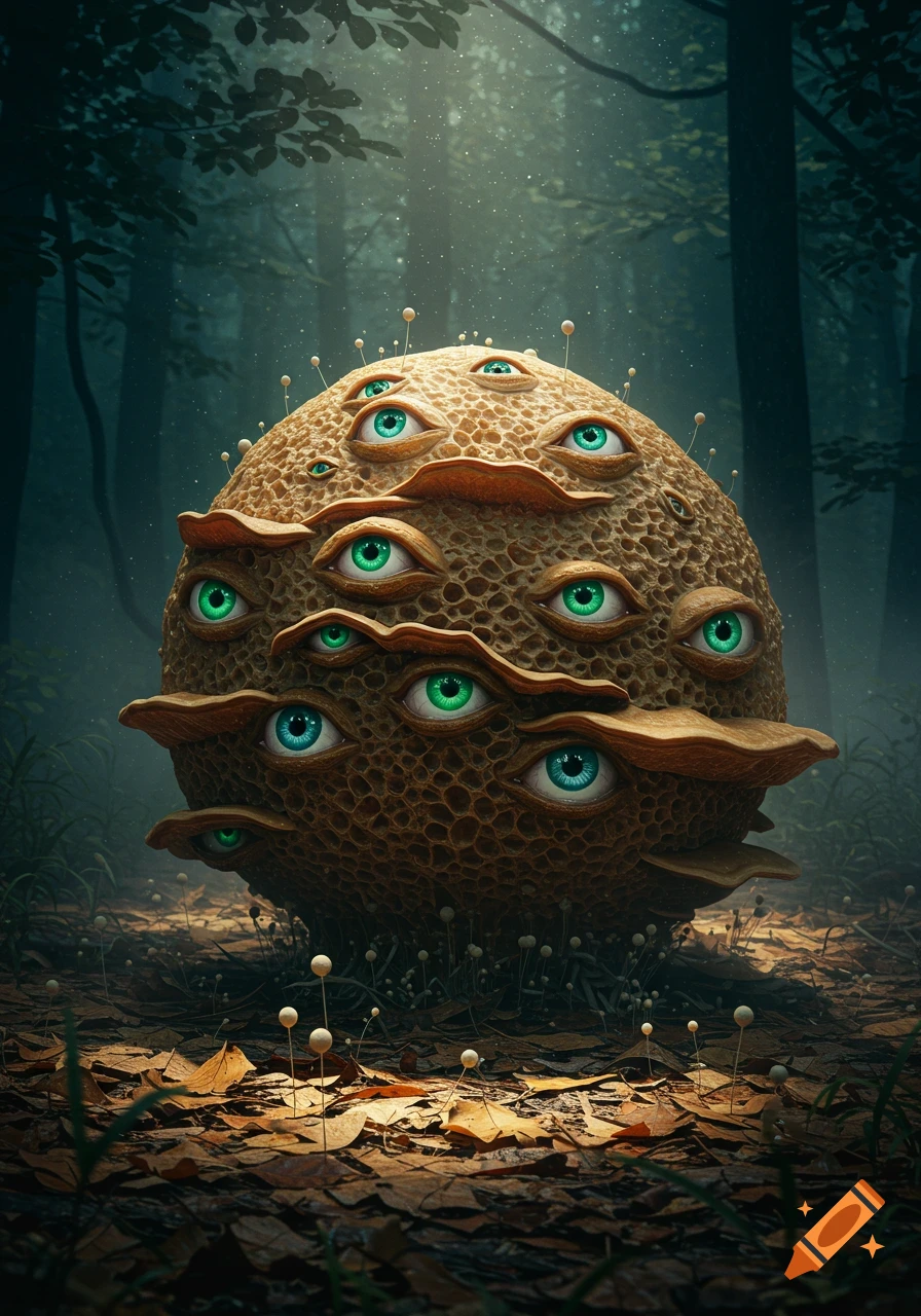 A large, textured brown fungi covered in many green and blue eyes rests on a forest floor with fallen leaves and trees in the background.