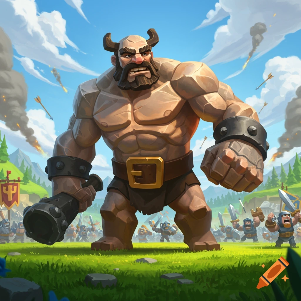 A muscular, horned giant with a club stands on a grassy battlefield with small warriors and battle in the background, in a cartoonish style.