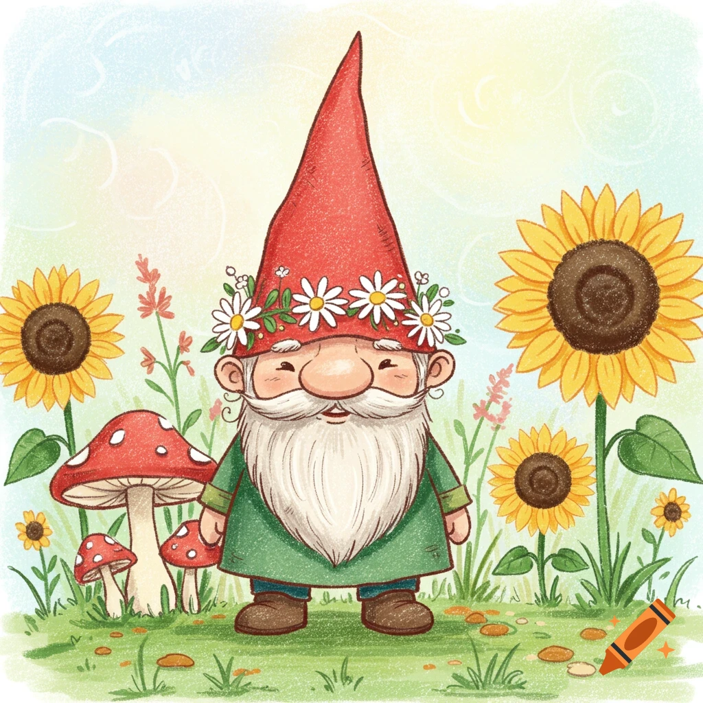 A whimsical illustration of a smiling gnome with a red pointy hat and a daisy chain, standing among sunflowers and mushrooms.