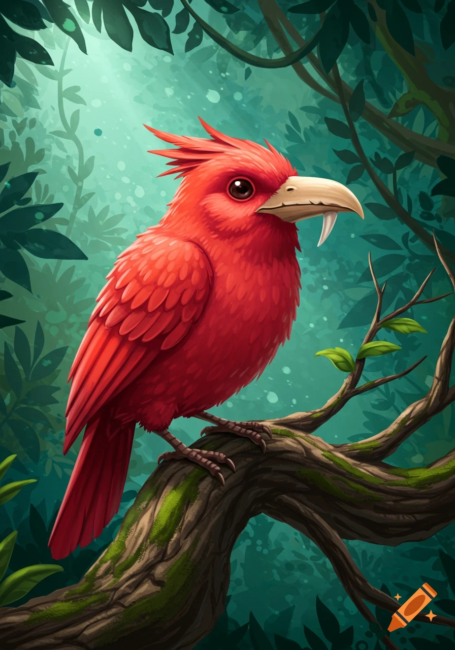 A vibrant red fantasy bird with prominent fangs on its beak perches on a mossy branch in a lush, stylized jungle.