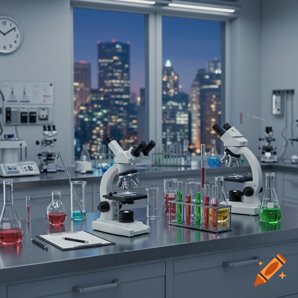 Modern laboratory with microscopes, beakers, and colorful liquids on a counter, city skyline visible through large windows at night.