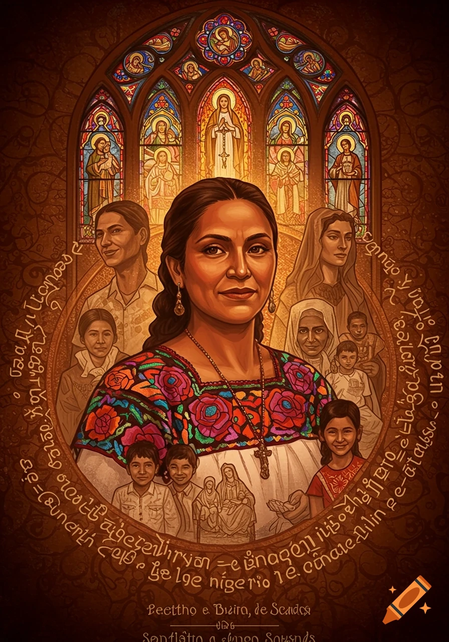 A vibrant art piece featuring a Latina woman in traditional Mexican attire, surrounded by family, set against ornate stained glass windows.