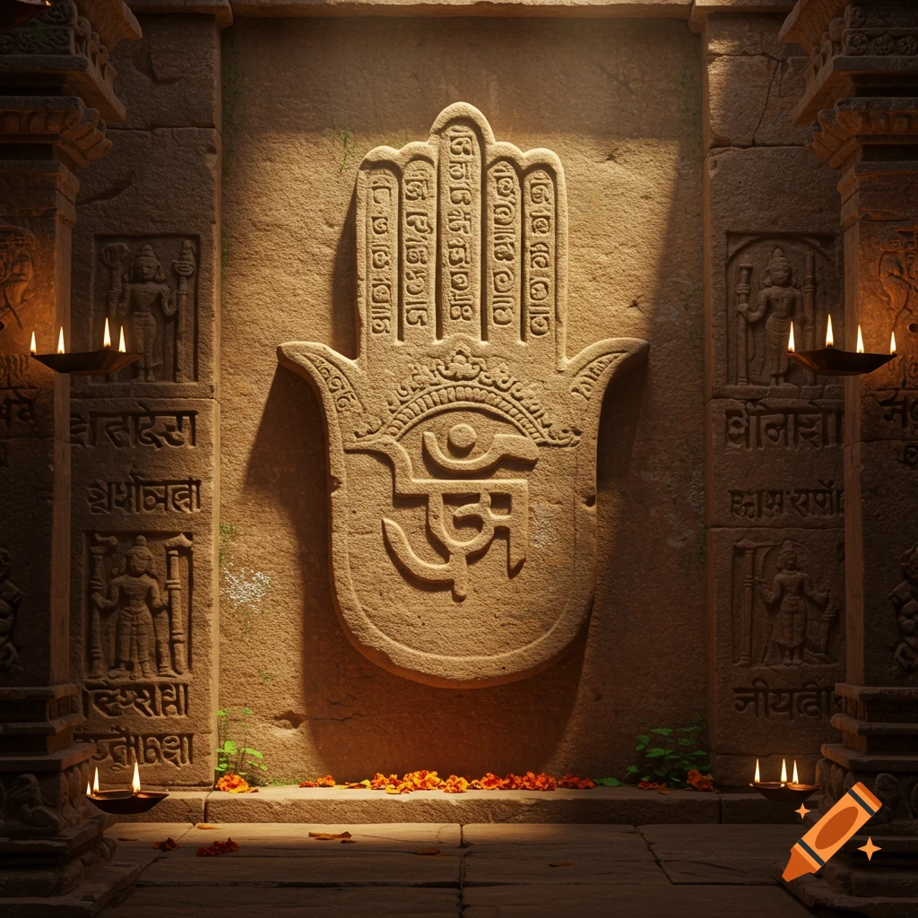 A stone carving of the Jainism Ahimsa hand symbol on a temple wall, flanked by ornate pillars and lit by oil lamps.