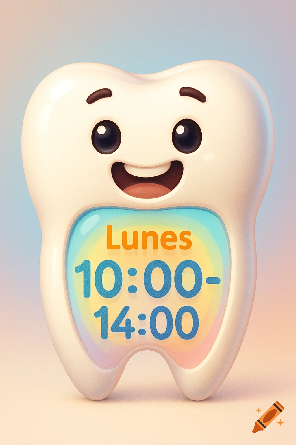 A smiling cartoon tooth displays 'Lunes 10:00-14:00' on its front in a bright, colorful illustration.