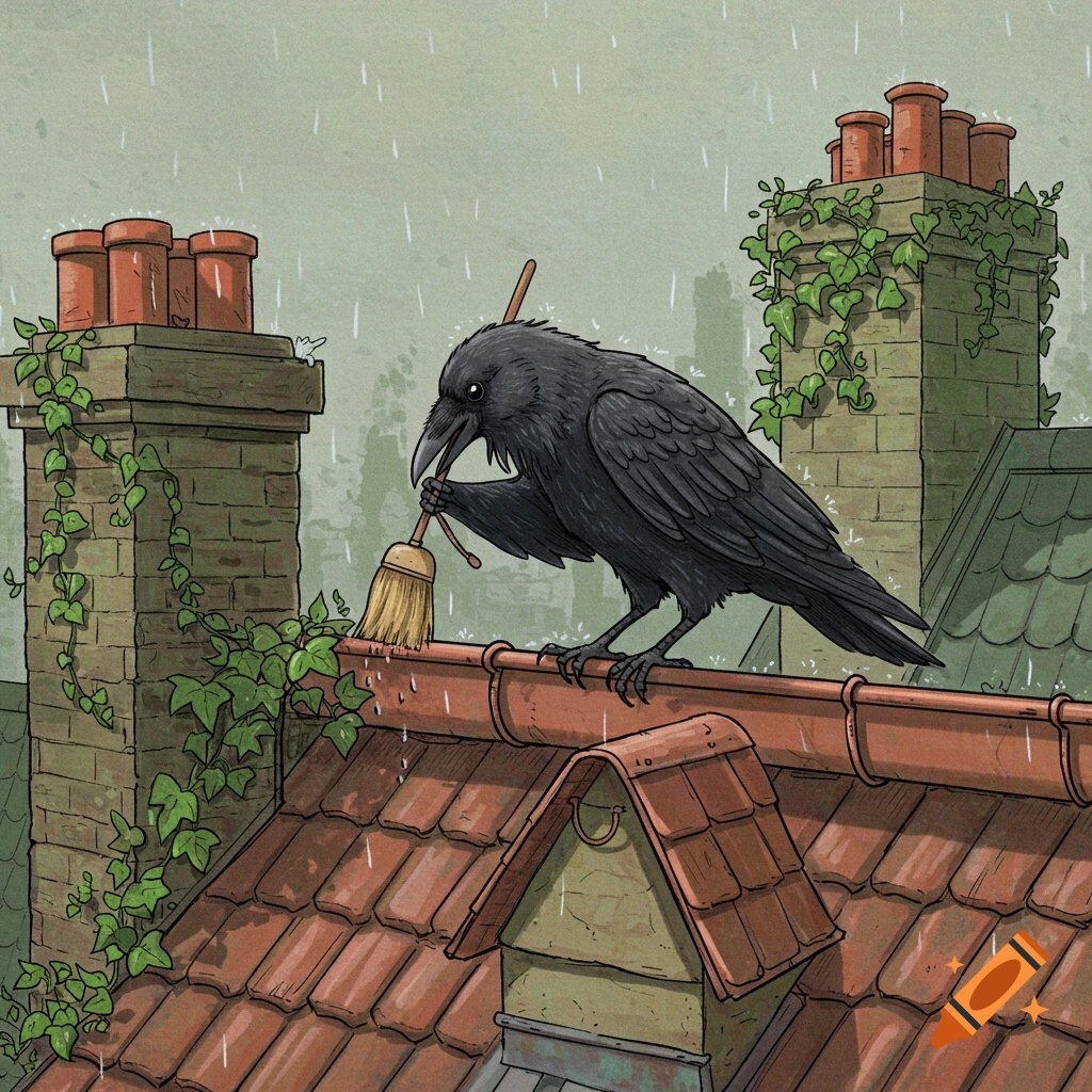 A whimsical illustration of a black crow holding a broom and cleaning a gutter on a tiled roof in the rain.