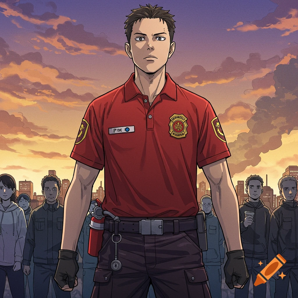 A manga style security agent in a red polo shirt, holding a fire extinguisher, stands with a serious expression in front of a city skyline at sunset, with other people in the background.