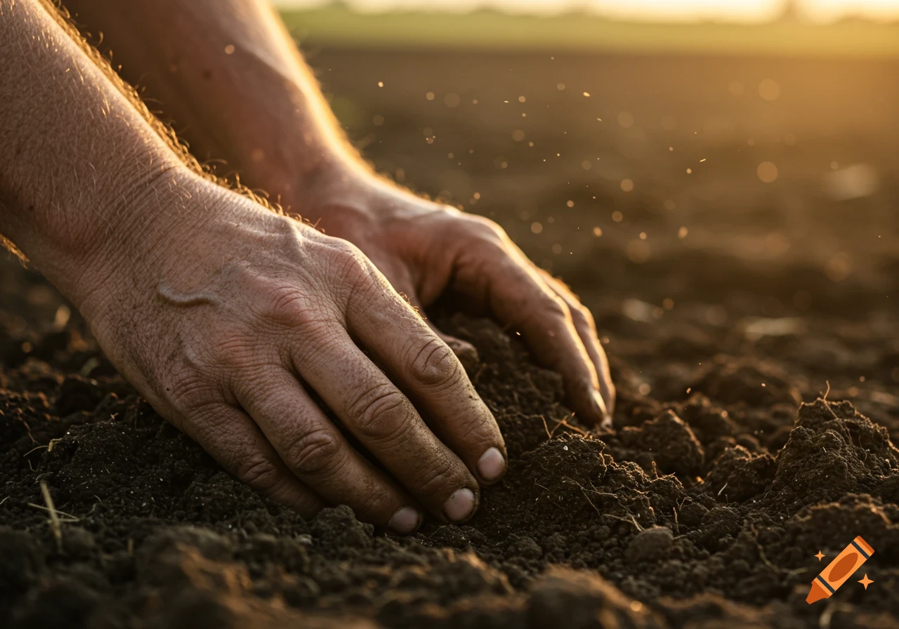 Close-up of dirty, calloused hands gently touching rich earth under soft morning light, photorealistic.