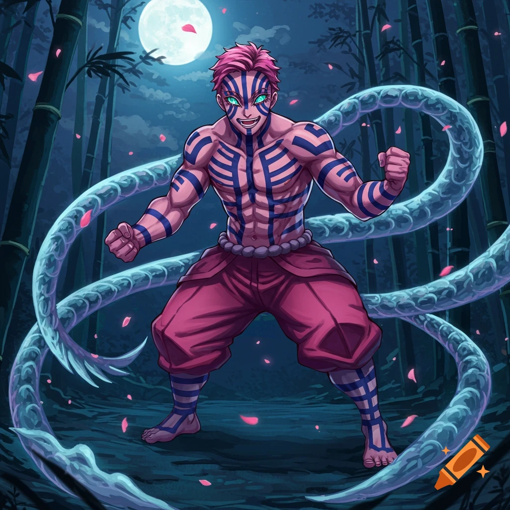 Akaza, a muscular anime character with pink hair and blue markings, stands in a moonlit bamboo forest with a glowing serpent.