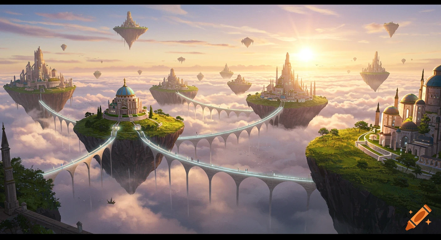 A whimsical, highly detailed fantasy landscape of floating cities and islands connected by glowing bridges above clouds at sunrise.
