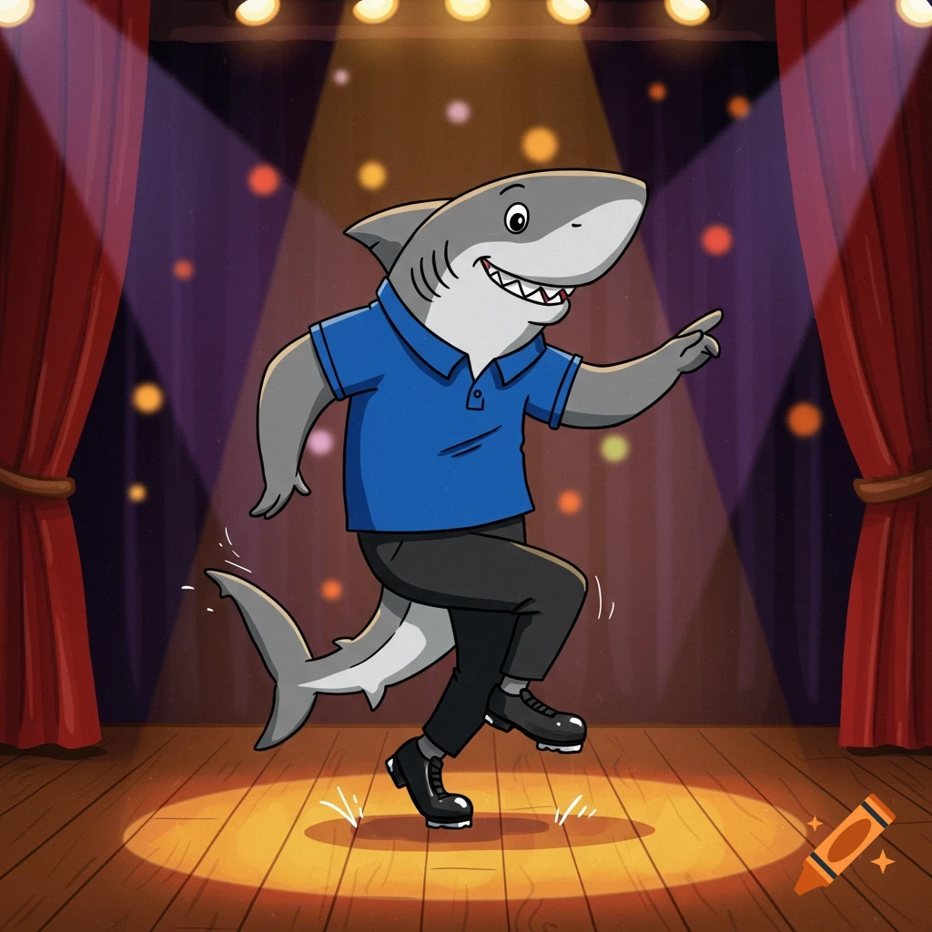 A friendly cartoon shark tap dancing on a spotlighted stage, wearing a blue polo, black pants, and tap shoes.