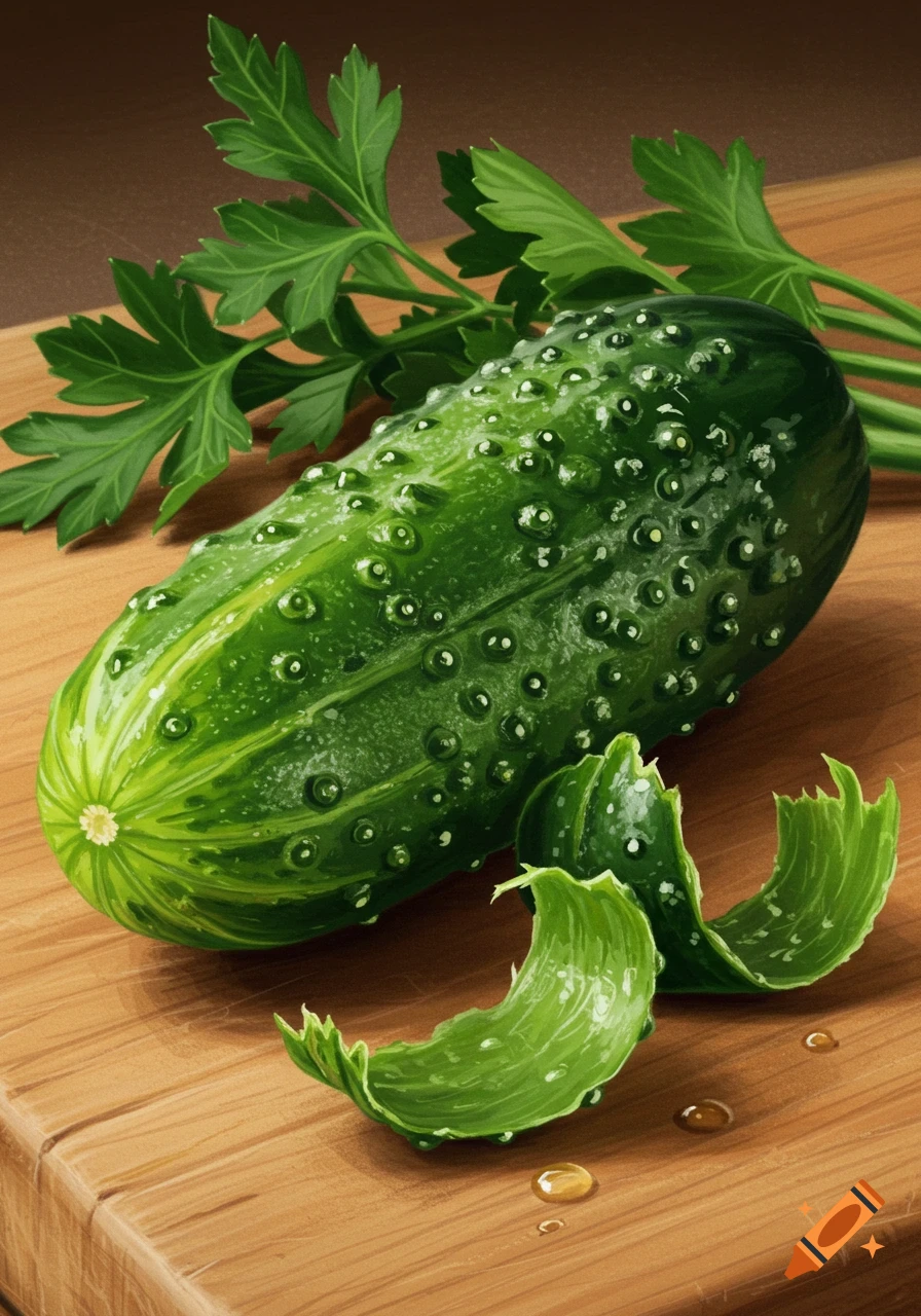 A green gherkin and peeled skin on a wooden cutting board with parsley in the background, illustrated realistically.