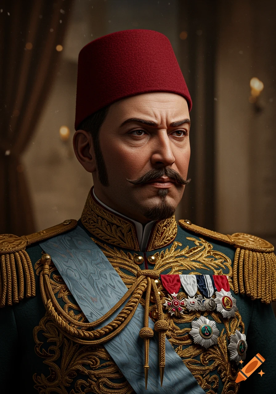 Realistic portrait of a stern man in a red fez and richly embroidered Ottoman military uniform with medals and a blue sash.