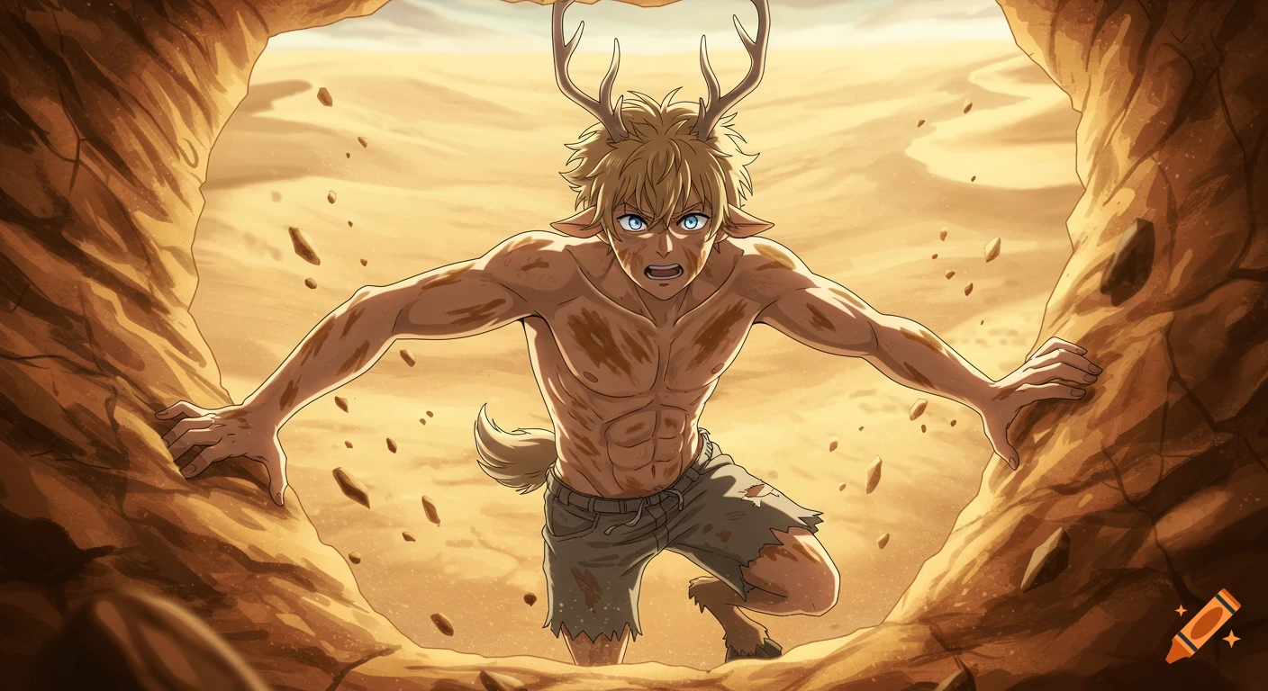 A blue-eyed, blond anime satyr with antlers, hooves, and a tail, shirtless and muddied in tattered shorts, climbs out of a desert cistern.
