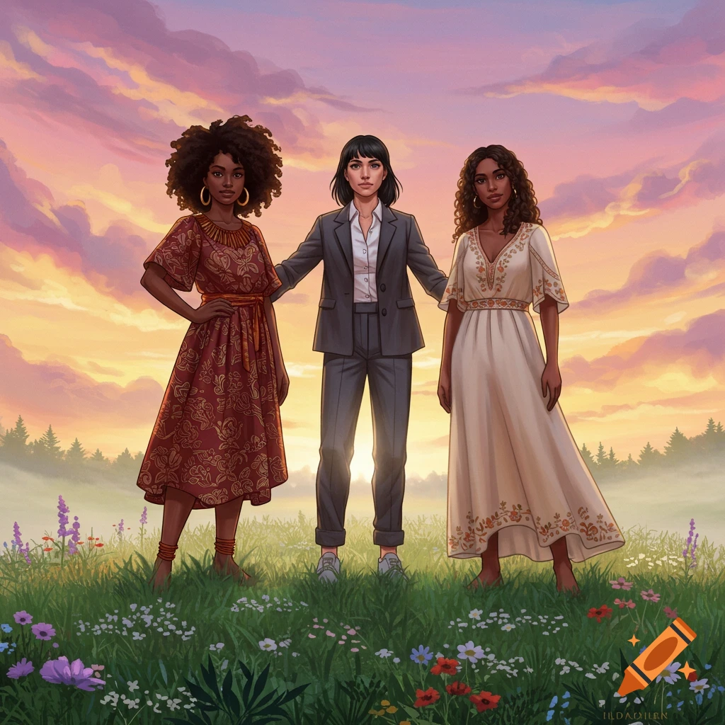 Three diverse women stand in a vibrant flower field against a sunset sky in an illustration.