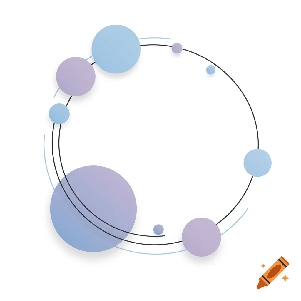 Abstract design with a black circular frame, blue and purple gradient circles, and arcs on a white background.