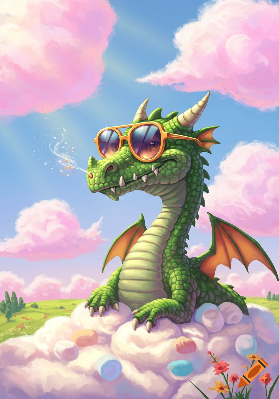 A whimsical green cartoon dragon wearing sunglasses sits on a fluffy white cloud, blowing sparkling smoke, against a blue sky with pink clouds.