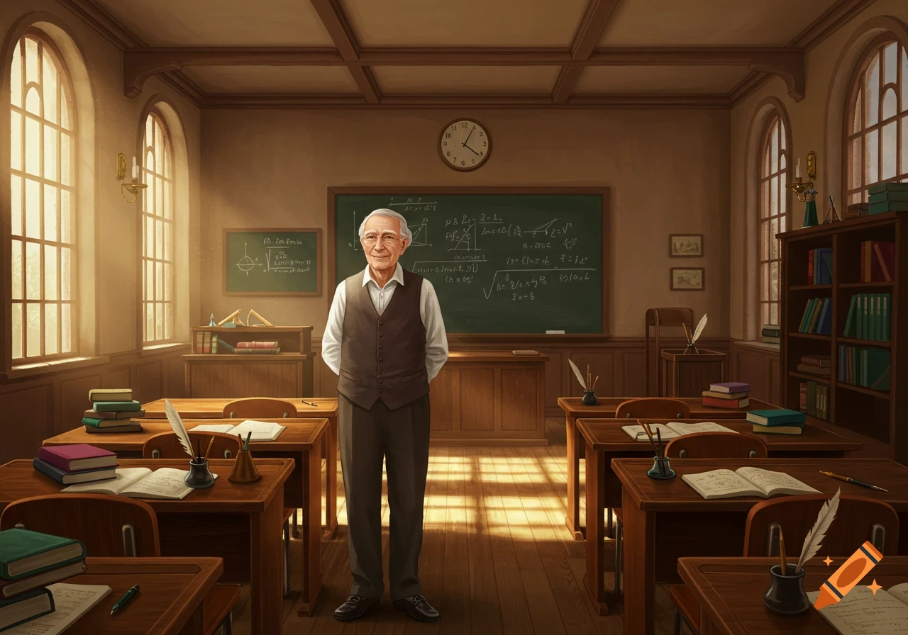 An elderly male teacher stands smiling in a sunlit, traditional classroom with wooden desks, a blackboard, and bookshelves.