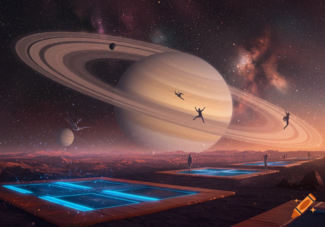 A vast space landscape with Saturn and its rings, above a reddish alien planet with people jumping on glowing blue trampolines.