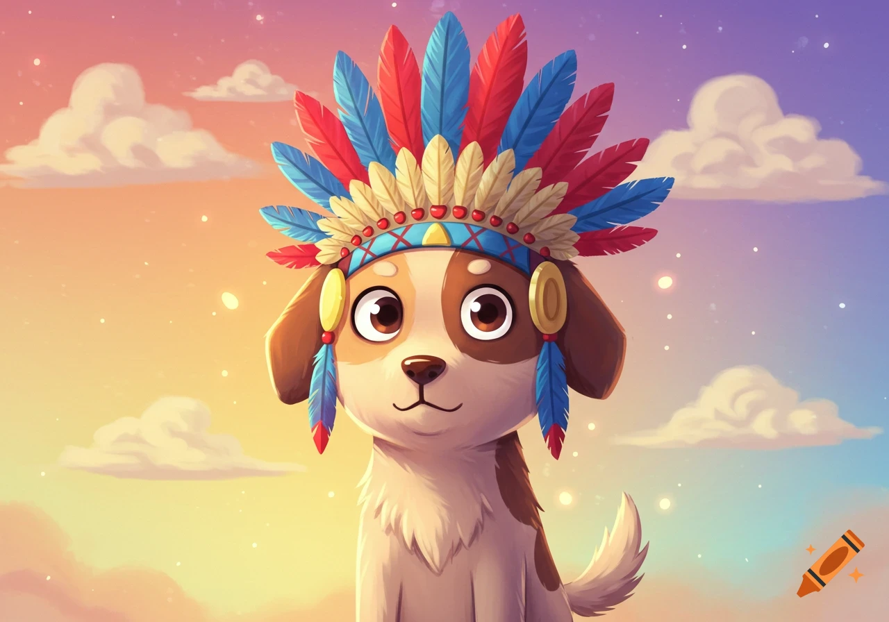 Cartoon dog wearing a large, colorful feathered headdress against a soft, colorful sky.
