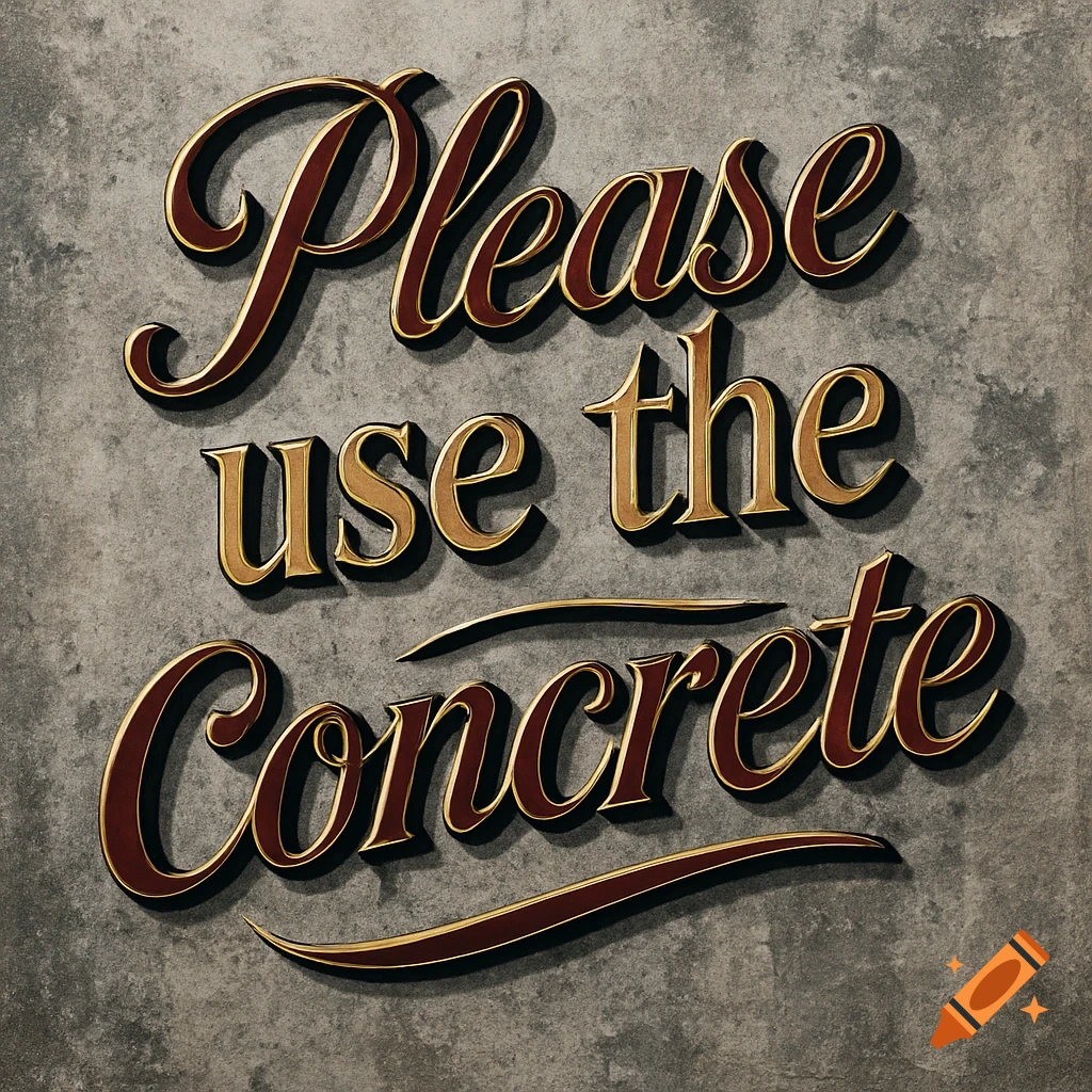 Stylized burgundy and gold lettering spells 'Please use the Concrete' on a textured gray concrete wall.