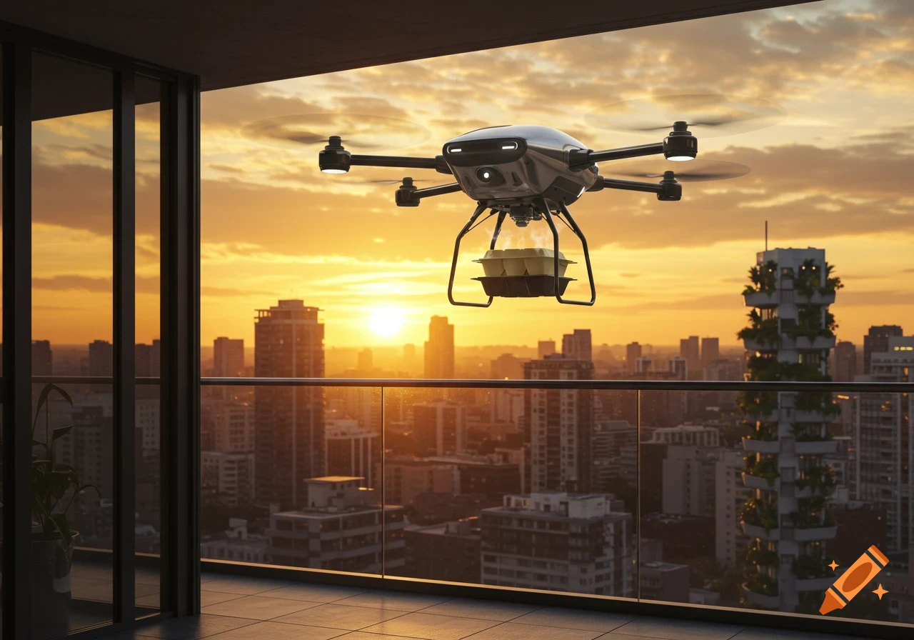 A futuristic drone delivers food to a city apartment balcony at sunset, overlooking a modern cityscape.