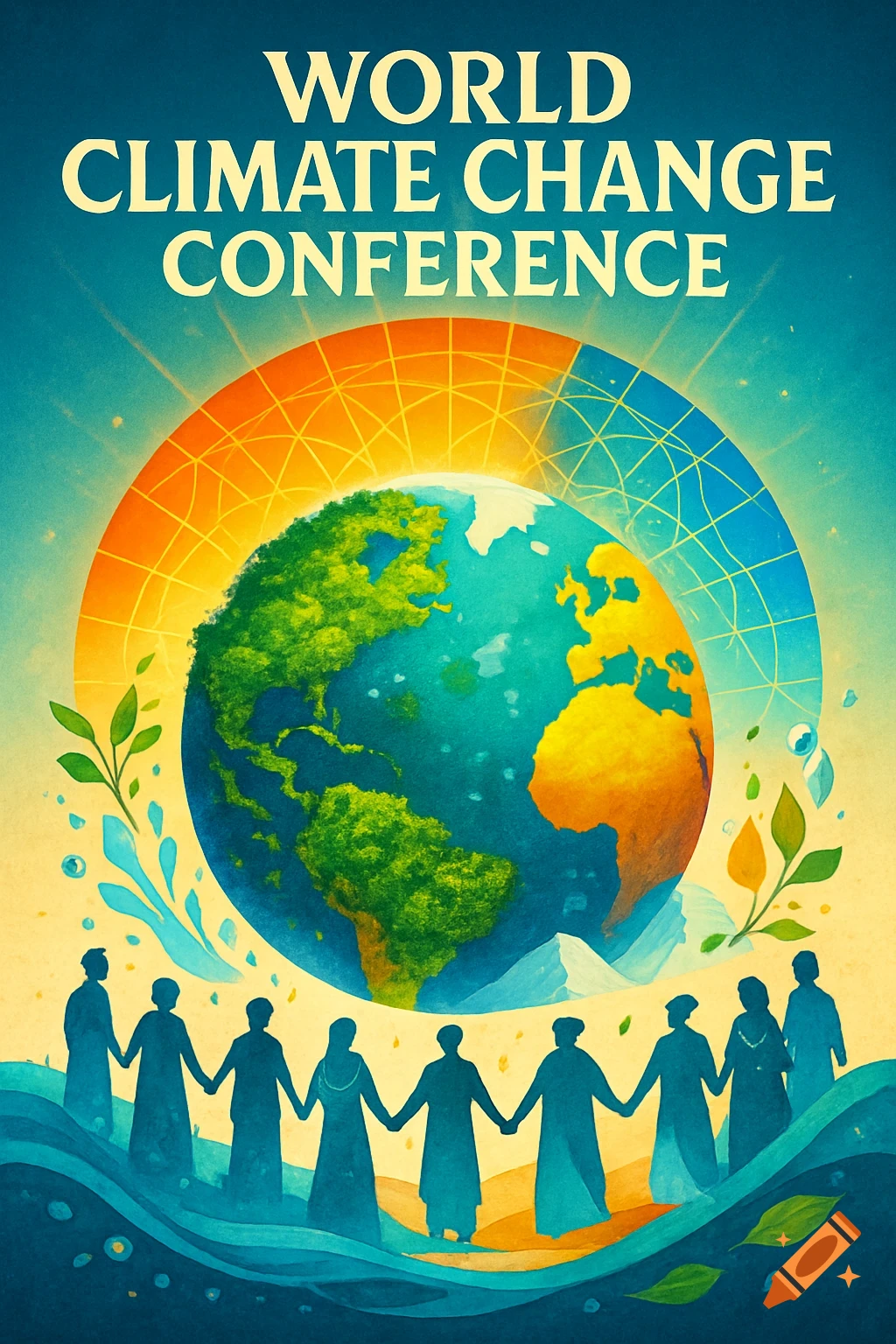 A vibrant poster for the World Climate Change Conference, depicting Earth, silhouetted people holding hands, and environmental motifs.