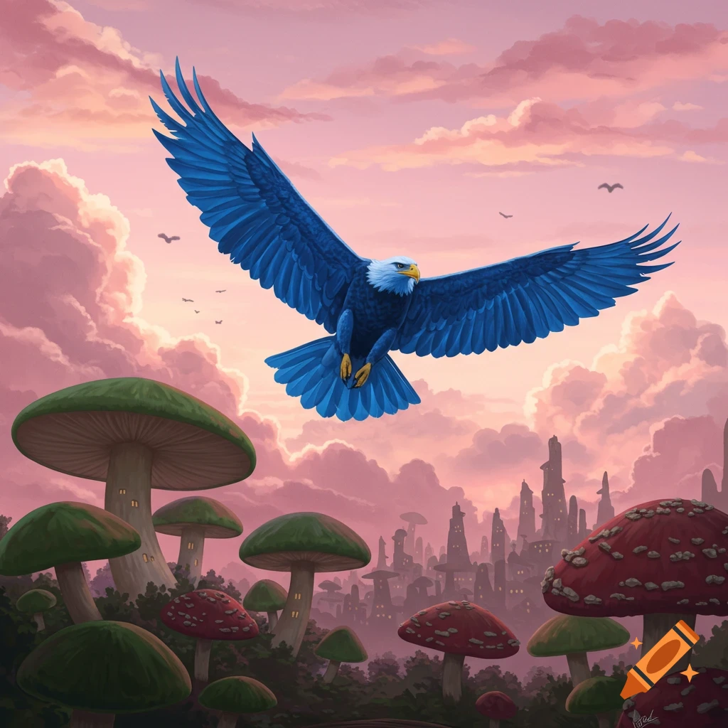 A vibrant blue eagle with a white head soars through a pink cloud-filled sky over a fantastical city of green and red mushrooms.
