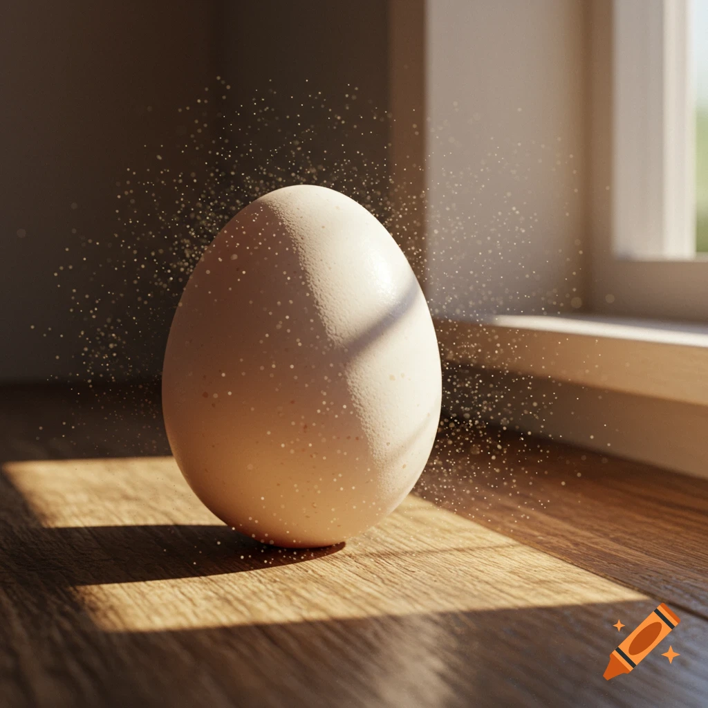 A single egg stands on a wooden surface, illuminated by sunlight streaming through a window with visible dust motes.